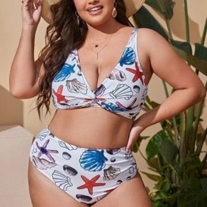 Plus Size Swim Bikini Ocean Shell Starfish Print high waisted